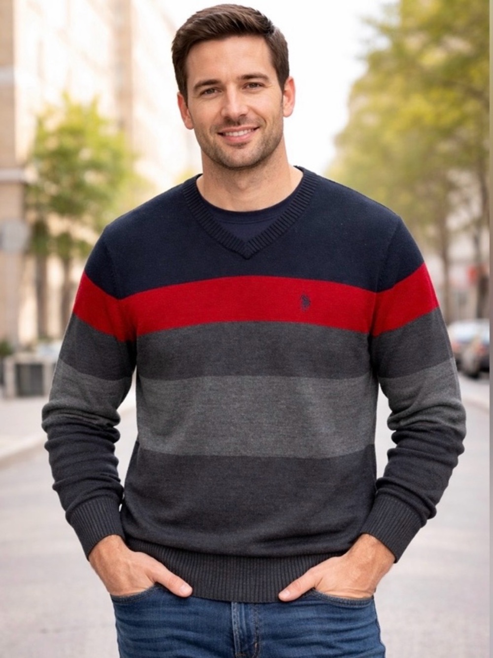 U.S. Polo Assn. Men's V-Neck Sweater - Black, Red, Gray‎